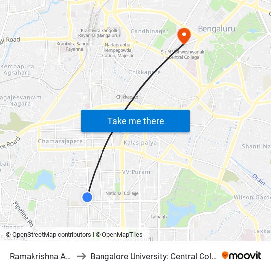Ramakrishna Ashrama to Bangalore University: Central College Campus map