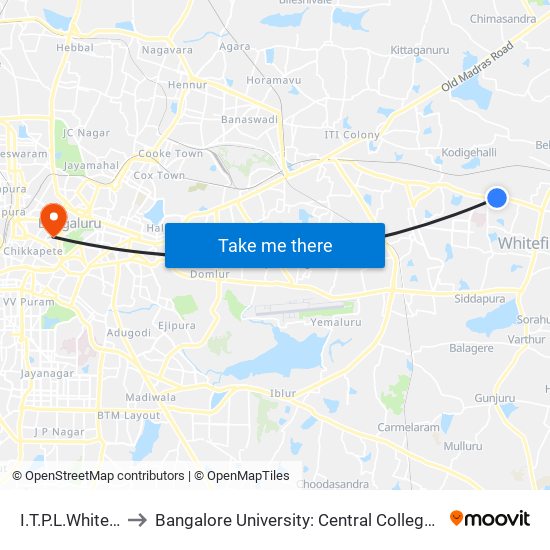 I.T.P.L.Whitefield to Bangalore University: Central College Campus map