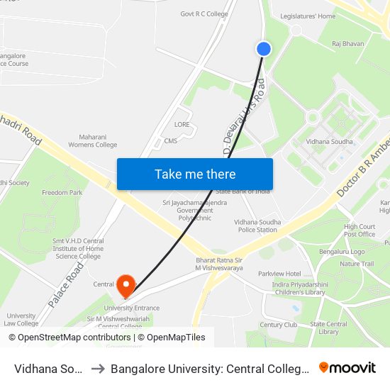 Vidhana Soudha to Bangalore University: Central College Campus map