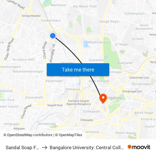 Sandal Soap Factory to Bangalore University: Central College Campus map