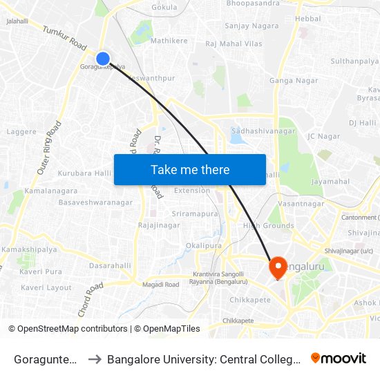 Goraguntepalya to Bangalore University: Central College Campus map