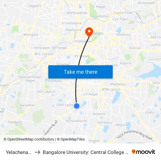 Yelachenahalli to Bangalore University: Central College Campus map