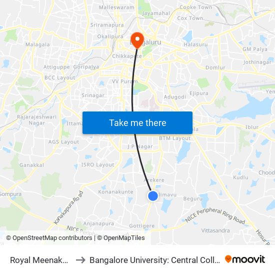 Royal Meenakshi Mall to Bangalore University: Central College Campus map