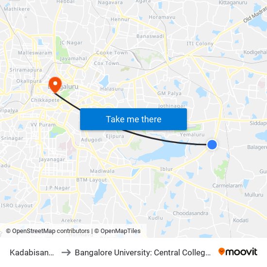 Kadabisanahalli to Bangalore University: Central College Campus map