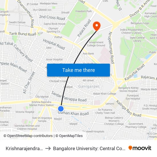 Krishnarajendra Market to Bangalore University: Central College Campus map