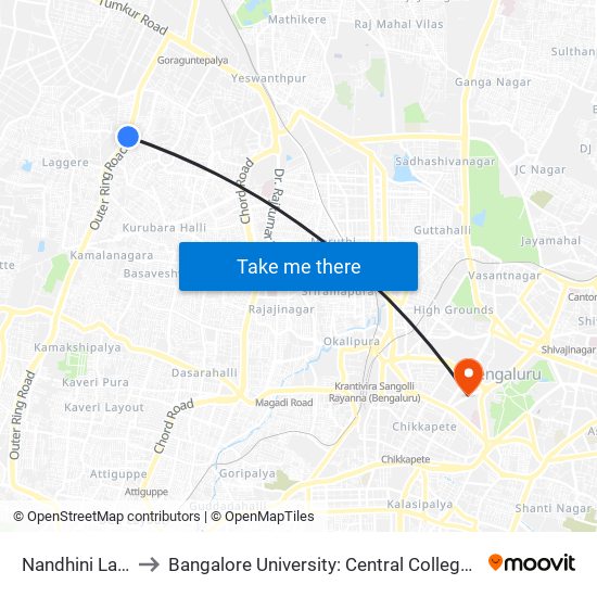 Nandhini Layout to Bangalore University: Central College Campus map