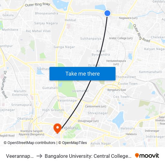 Veerannapalya to Bangalore University: Central College Campus map