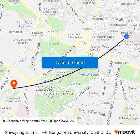 Shivajinagara Bus Station to Bangalore University: Central College Campus map