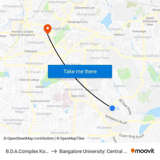 B.D.A.Complex Koramangala to Bangalore University: Central College Campus map