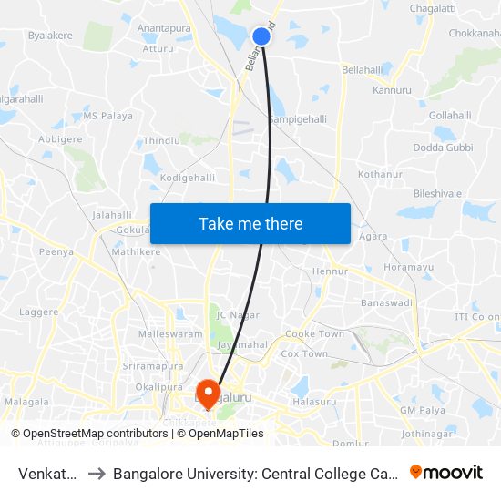Venkatala to Bangalore University: Central College Campus map