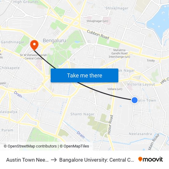 Austin Town Neelasandra to Bangalore University: Central College Campus map