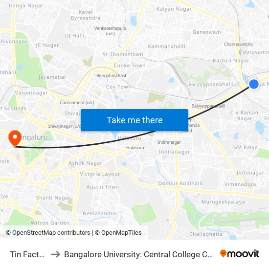 Tin Factory to Bangalore University: Central College Campus map