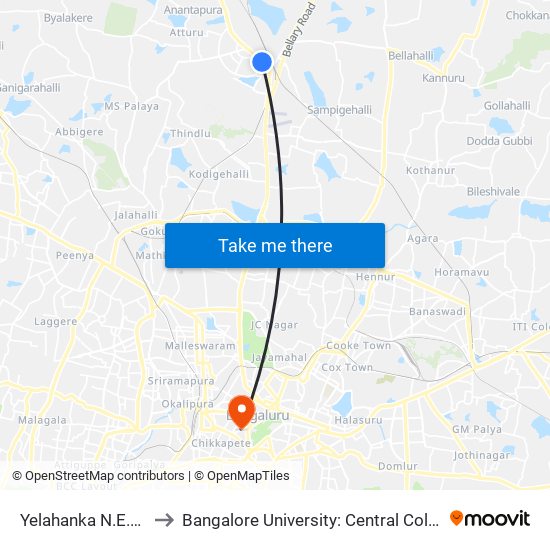 Yelahanka N.E.S.Office to Bangalore University: Central College Campus map