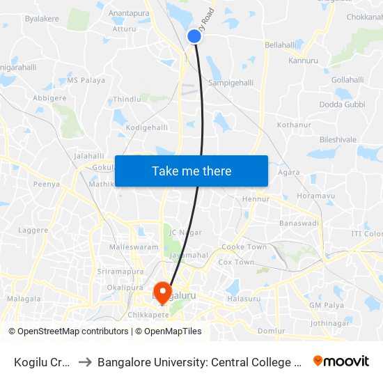 Kogilu Cross to Bangalore University: Central College Campus map