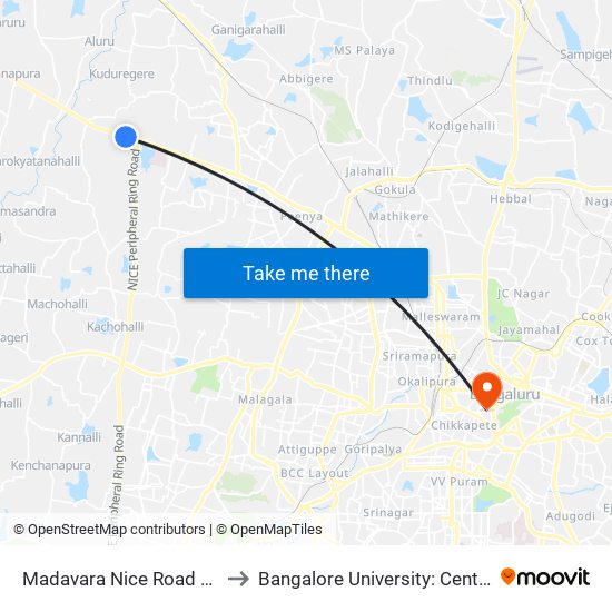 Madavara Nice Road Junction (B.I.E.C) to Bangalore University: Central College Campus map