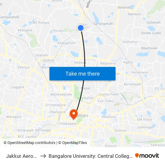 Jakkur Aerodrum to Bangalore University: Central College Campus map