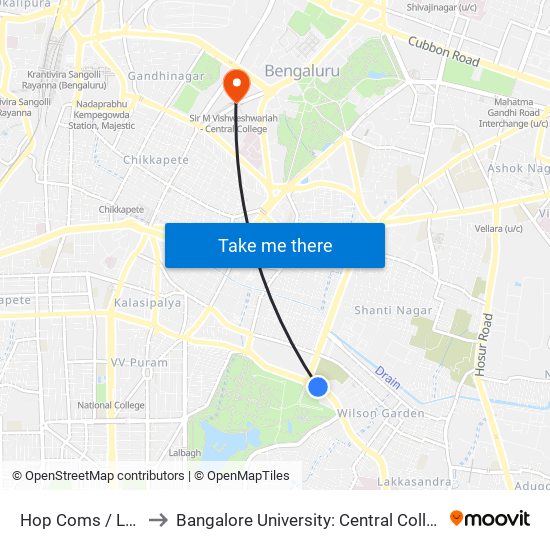 Hop Coms / Lalbagh to Bangalore University: Central College Campus map