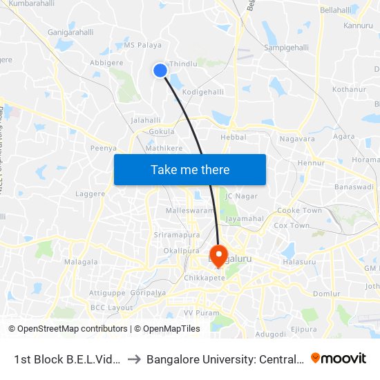 1st Block B.E.L.Vidyaranyapura to Bangalore University: Central College Campus map