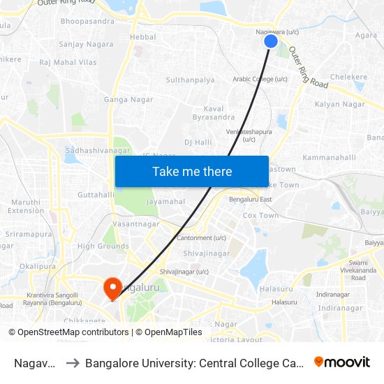 Nagavara to Bangalore University: Central College Campus map