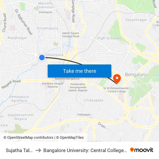 Sujatha Talkies to Bangalore University: Central College Campus map