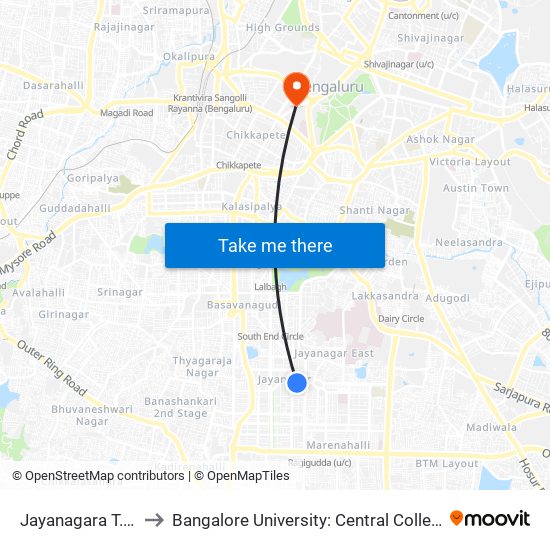 Jayanagara T.T.M.C. to Bangalore University: Central College Campus map