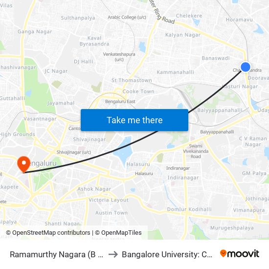 Ramamurthy Nagara (B Channasandra Bridge) to Bangalore University: Central College Campus map