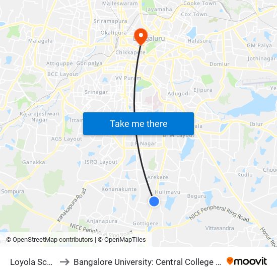 Loyola School to Bangalore University: Central College Campus map