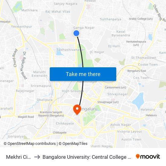 Mekhri Circle to Bangalore University: Central College Campus map