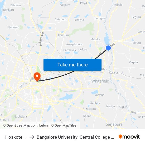 Hoskote Toll to Bangalore University: Central College Campus map