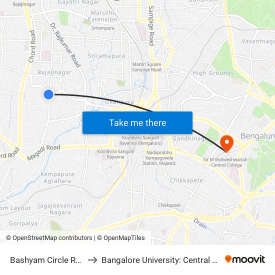 Bashyam Circle Rajajinagara to Bangalore University: Central College Campus map