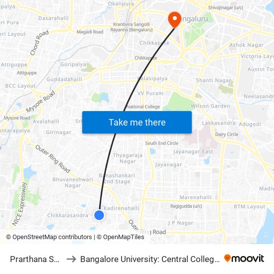 Prarthana School to Bangalore University: Central College Campus map