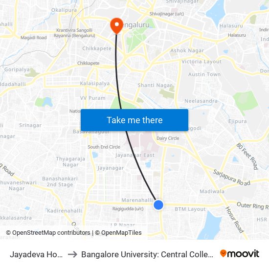 Jayadeva Hospital to Bangalore University: Central College Campus map