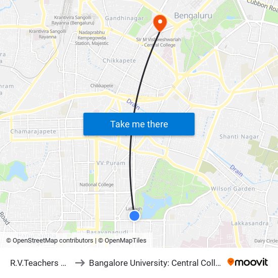 R.V.Teachers College to Bangalore University: Central College Campus map
