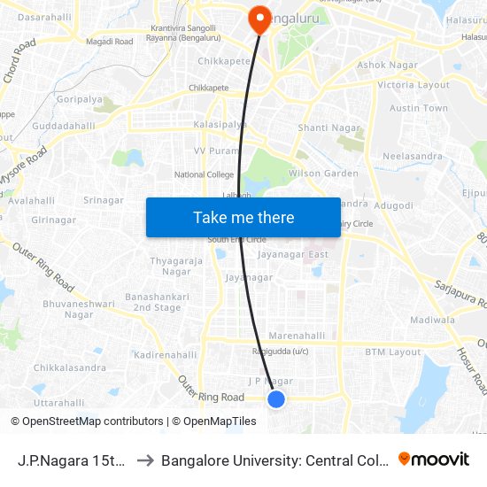 J.P.Nagara 15th Cross to Bangalore University: Central College Campus map