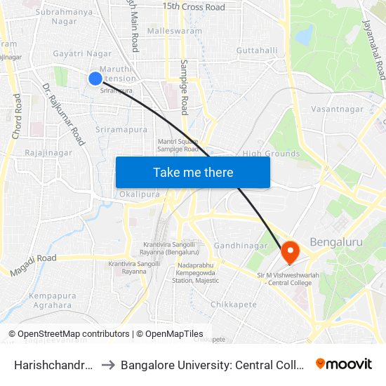 Harishchandra Ghat to Bangalore University: Central College Campus map