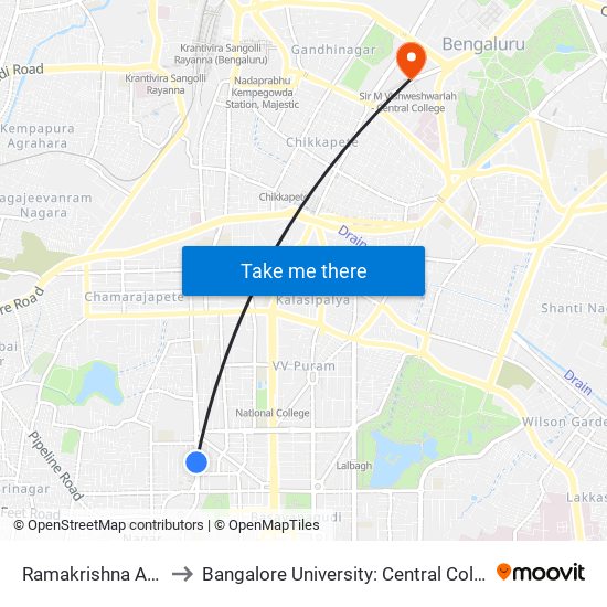 Ramakrishna Ashrama to Bangalore University: Central College Campus map