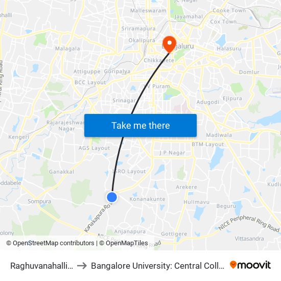 Raghuvanahalli Cross to Bangalore University: Central College Campus map