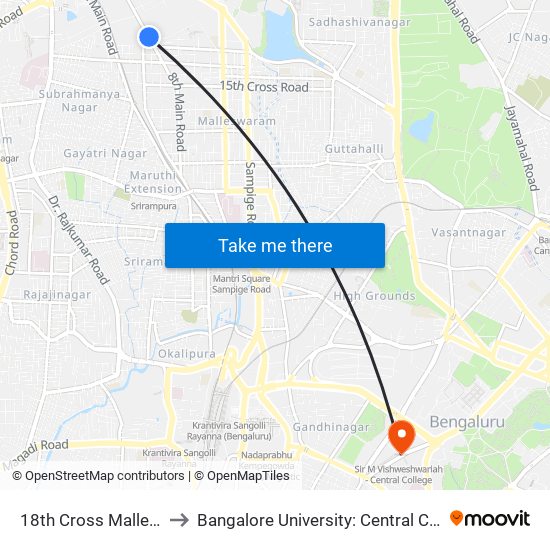 18th Cross Malleshwaram to Bangalore University: Central College Campus map