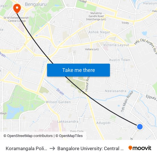 Koramangala Police Station to Bangalore University: Central College Campus map