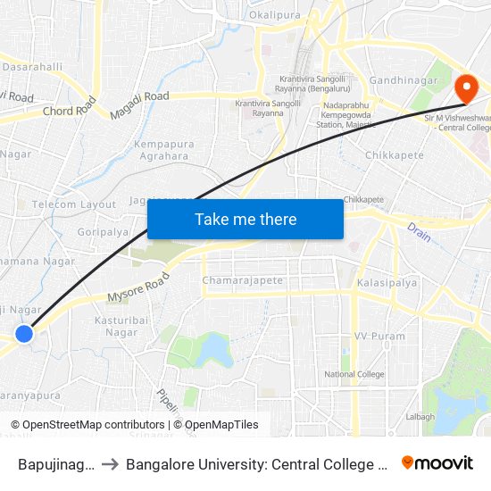 Bapujinagara to Bangalore University: Central College Campus map
