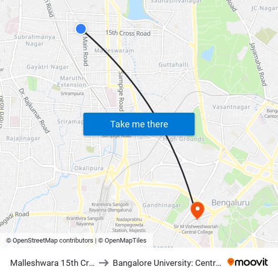 Malleshwara 15th Cross (8th Main) to Bangalore University: Central College Campus map