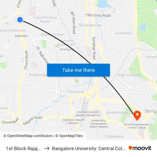 1st Block Rajajinagara to Bangalore University: Central College Campus map