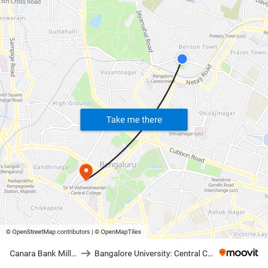 Canara Bank Millers Road to Bangalore University: Central College Campus map