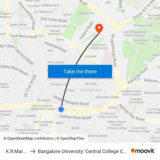 K.R.Market to Bangalore University: Central College Campus map