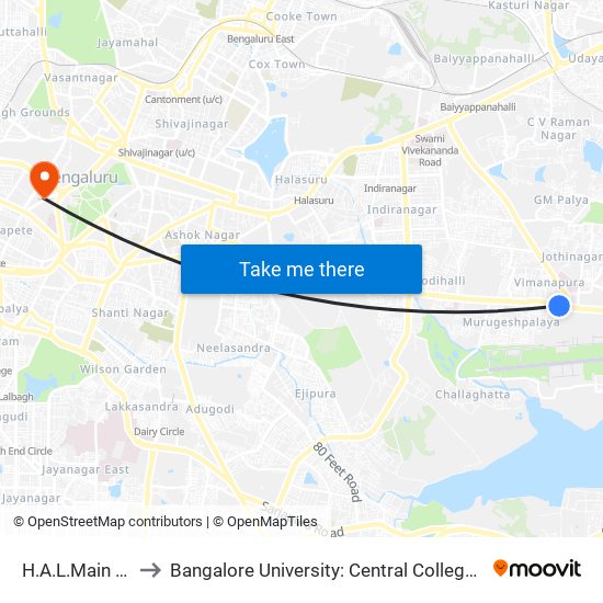 H.A.L.Main Gate to Bangalore University: Central College Campus map