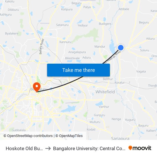 Hoskote Old Bus Stand to Bangalore University: Central College Campus map