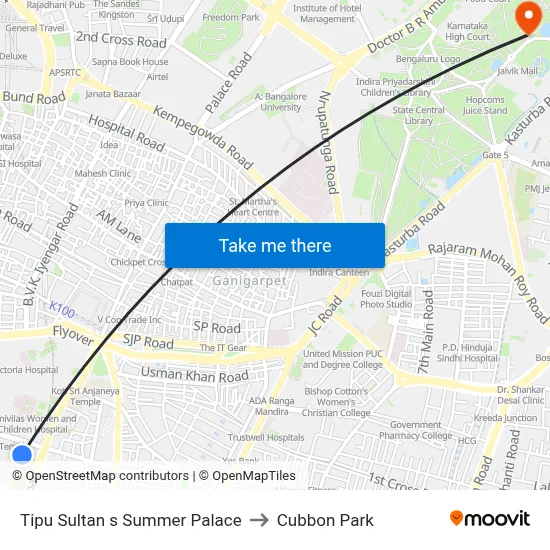 Tipu Sultan s Summer Palace to Cubbon Park map