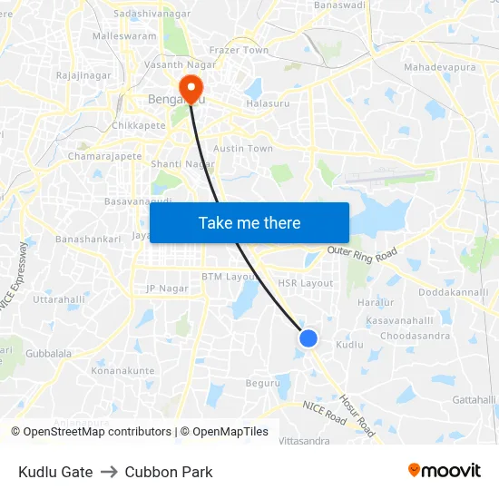 Kudlu Gate to Cubbon Park map