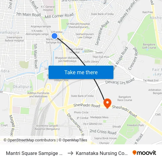 Mantri Square Sampige Road to Karnataka Nursing Council map