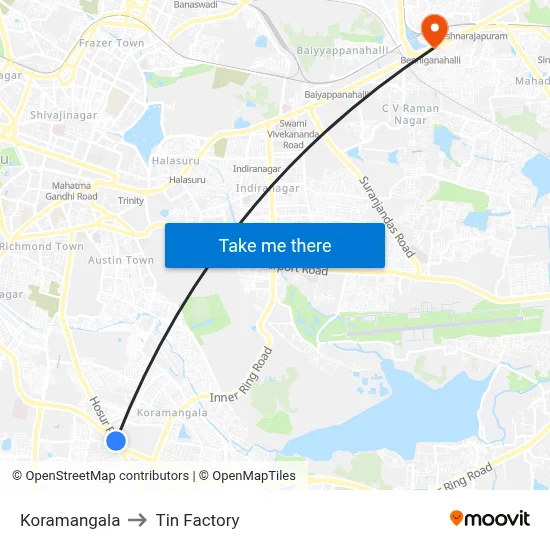 Koramangala to Tin Factory map